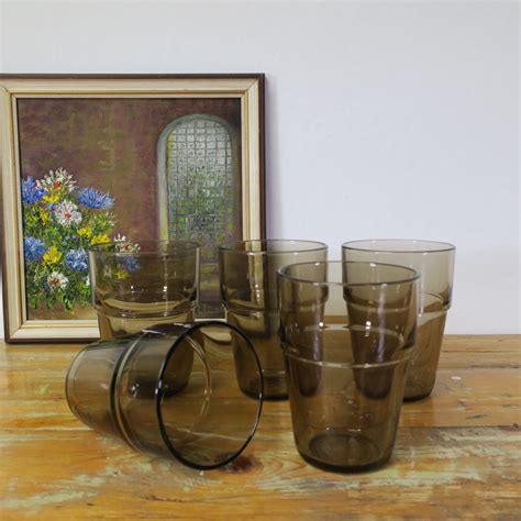 Vintage Arc France Arcoroc Smoked Glass Drinking Glass Smoked Glass Stackable Set Of 5 Pieces