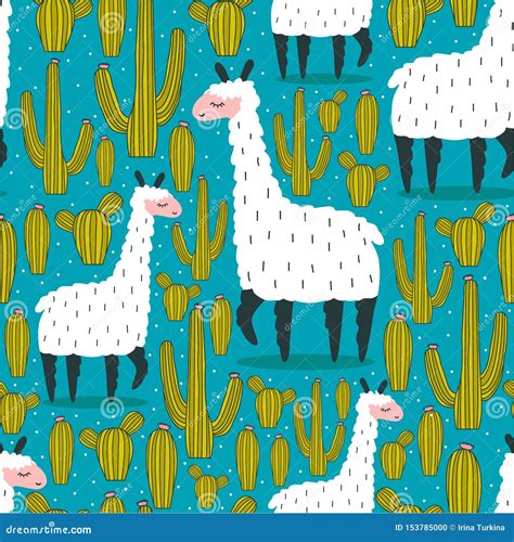 Llamas Cactuses Colorful Seamless Pattern Decorative Cute Background