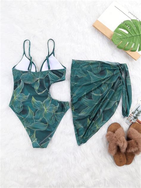 Tropical Print Cut Out Waist One Piece Swimsuit With Beach Skirt