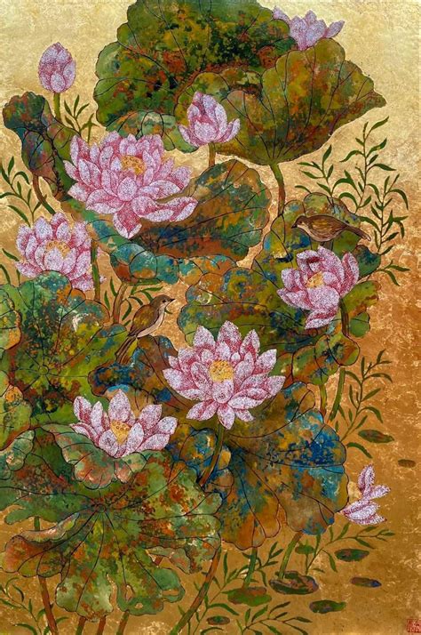 Pink Lotus Ii Vietnamese Lacquer Painting By Artist Chau Ai Van