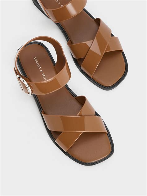 Cognac Patent Crossover Strap Sandals Charles And Keith Sg