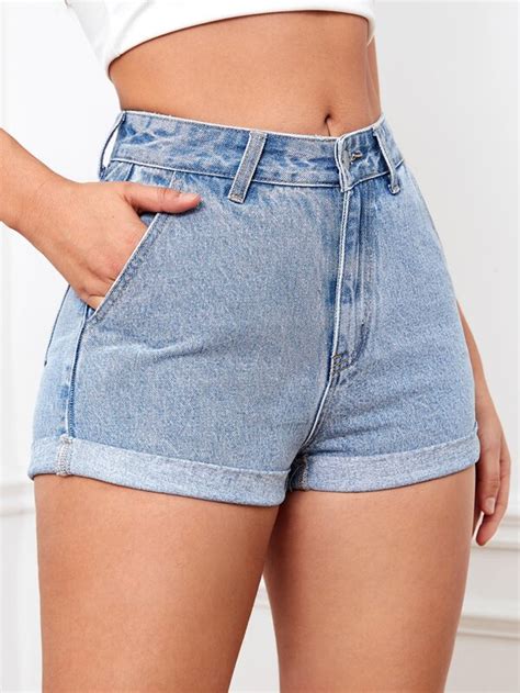 Shein Ezwear Shorts En Mezclilla Bajo De Doblez Moda De Mujer Shein