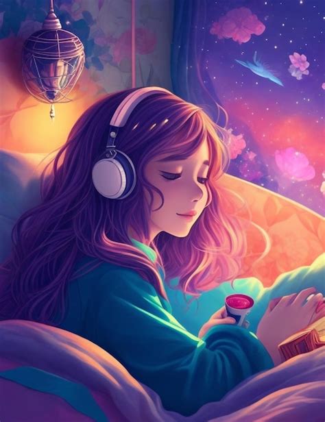 Música lofi una hermosa niña escuchando música y durmiendo en la cama