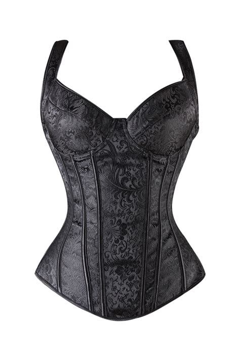 Elegant Black Steel Boned Overbust Corset With Shoulder Straps