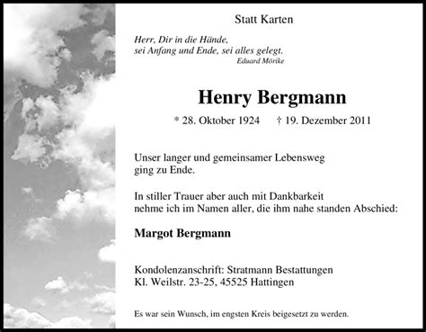 Traueranzeigen Von Henry Bergmann Trauer In Nrw De