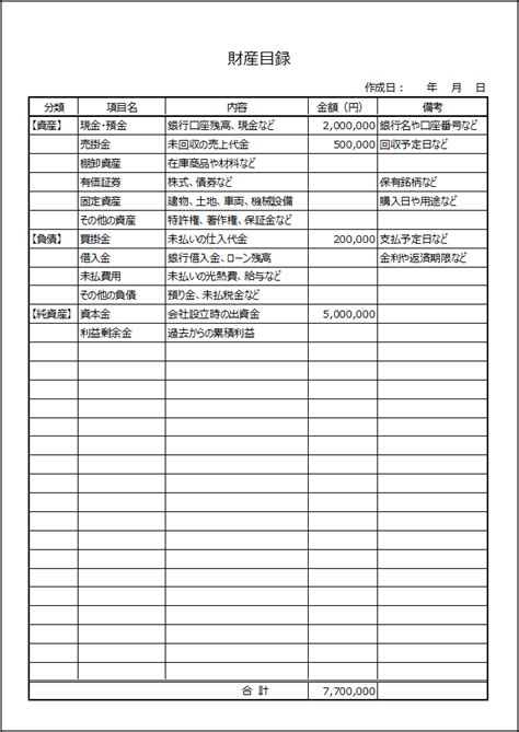 財産目録のExcelテンプレート2書式を無料ダウンロード