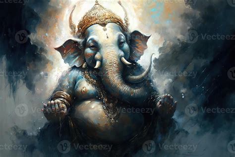 illustration of Ganesha Hindu God , with flowers, oil painting taken up into heaven, sitting in ...