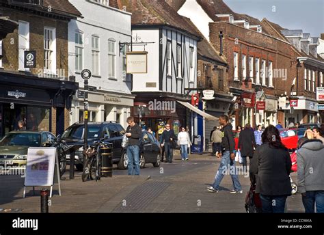 Shops and people in Market Place/ High street, St Albans, Hertfordshire ...