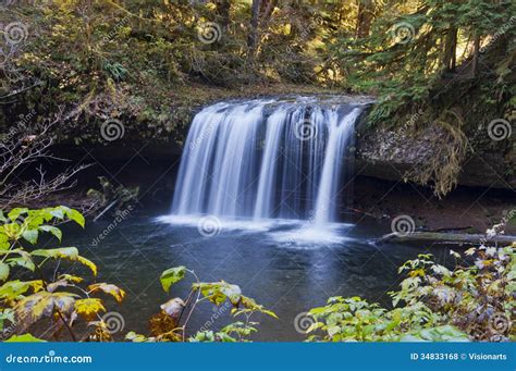 Cascading Waterfall With Foliage Around Frame Of Image Stock Photo