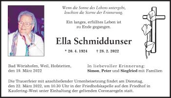 Traueranzeigen Von Ella Schmiddunser Augsburger Allgemeine Zeitung