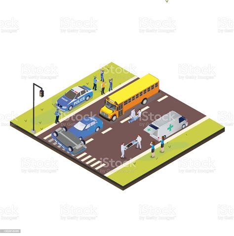 Ilustración De Dos Coches Chocan Provocando Que La Ambulancia De Tráfico Lleve Al Hombre Al