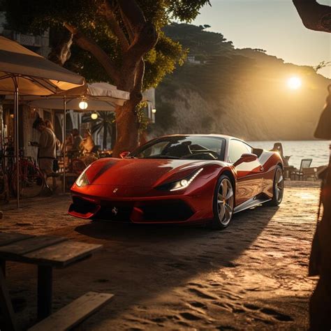 Um Carro Esportivo Vermelho Est Estacionado Em Frente A Um Bar De