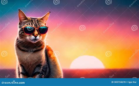 Funny Illustration With A Cute Cat Wearing Sunglasses 4k Stock