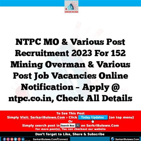 Ntpc Mo And Various Post Recruitment 2023 For 152 Mining Overman