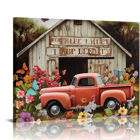 Comio Farmhouse Truck Wall Art Barn Pictures Wall Decor Country Canvas Painting Print Flower