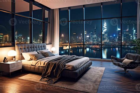 Night scene of Modern contemporary style interior bedroom design with ...