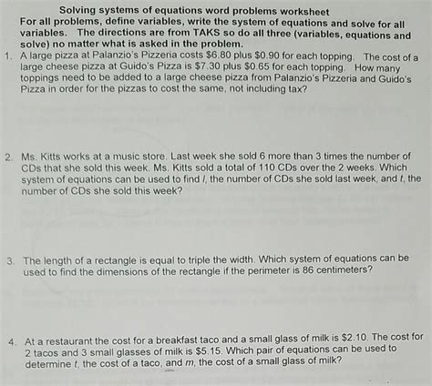 Solved Solving Systems Of Equations Word Problems Worksheet