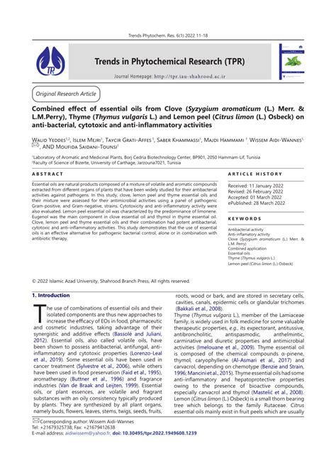 Pdf Combined Effect Of Essential Oils From Clove Syzygium Aromaticum