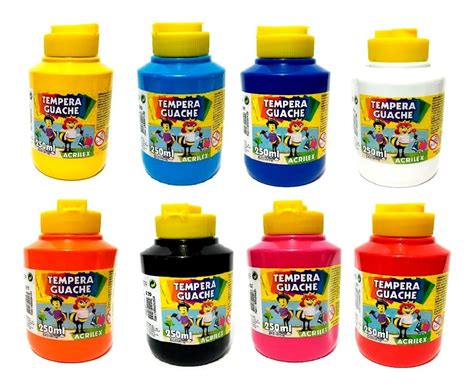 Kit 10 Potes Tinta T Guache Acrilex 10 Cores 250ml Oferta Silva