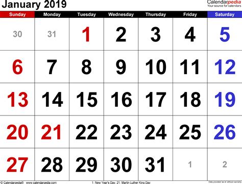 January 2019 Calendar Templates For Word Excel And Pdf