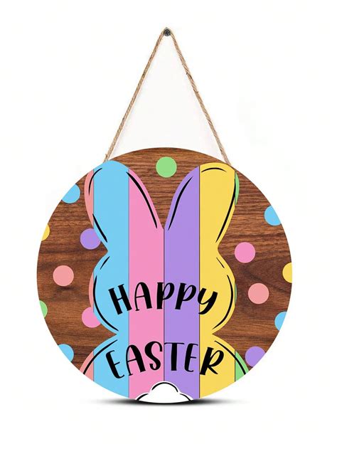 Pc Happy Easter Wood Sign Front Door Decor Bunny Farmhouse Round Shape