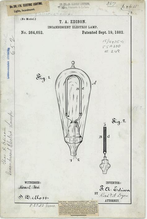 Thomas Edisons Patent Drawing For The Incandescent Electric Lamp 1882