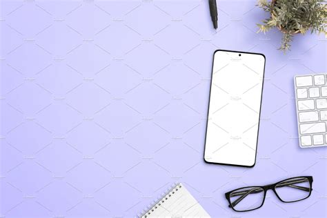 Smart phone on purple desk mockup | Photoshop Templates ~ Creative Market