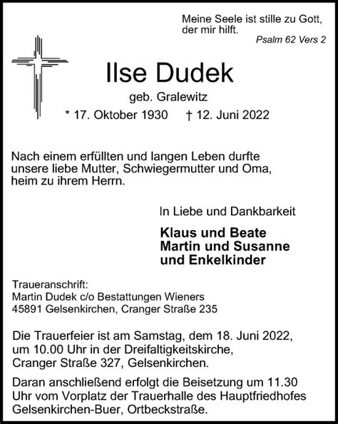 Traueranzeigen Von Ilse Dudek Trauer In NRW De