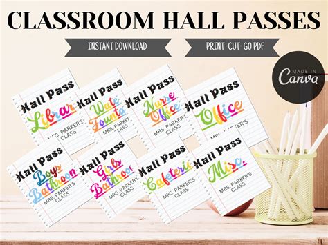 Classroom Hall Pass Printable Instant Download Hall Pass Template Editable Class Pass Template