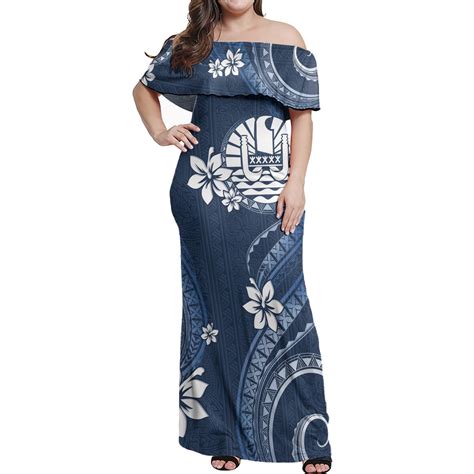 Tahiti Off Shoulder Long Dress White Hibiscus Blue Pattern