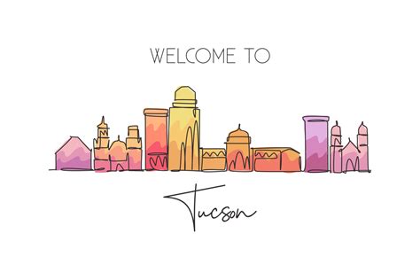 Single continuous line drawing of Tucson city skyline, Arizona. Famous ...