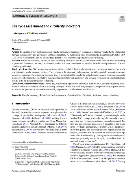 Pdf Life Cycle Assessment And Circularity Indicators