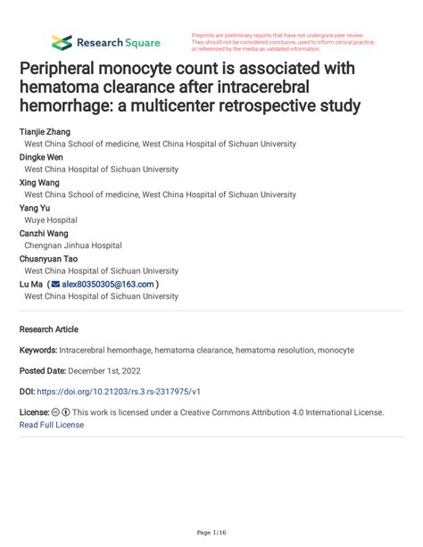 PDF Peripheral Monocyte Count Is Associated With Hematoma Clearance