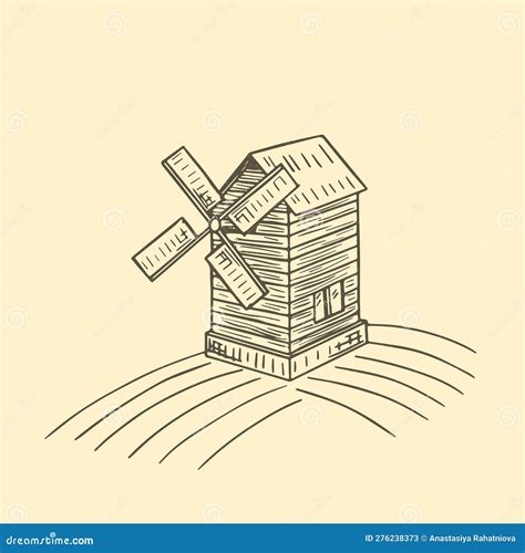 Windmill On The Field Hand Drawn Sketch Vector Illustration Stock