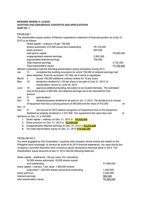 Audit Of Shareholders Equity Quiz Ulson REMARIE MARGE H ULSON