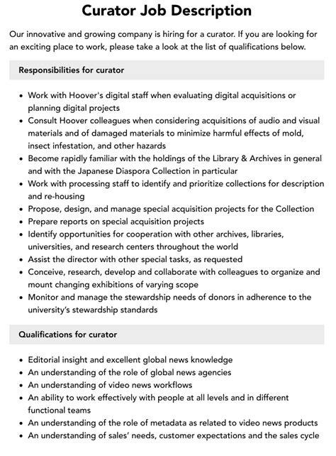 Curator Job Description | Velvet Jobs