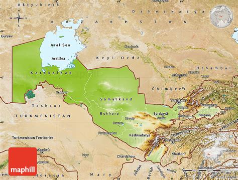 Physical Map of Uzbekistan, satellite outside, shaded relief sea