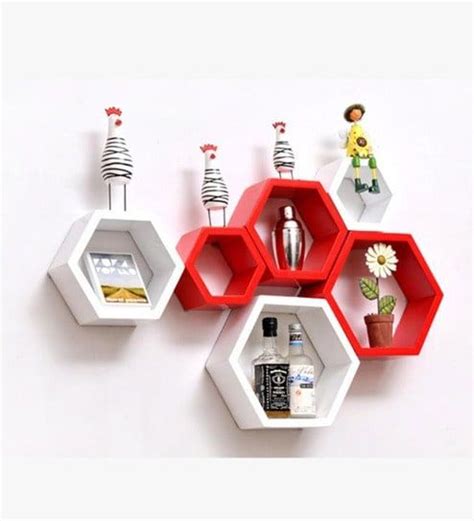 Buy Set Of 6 Engineered Wood Hexagon Shape Wall Shelf In Red White