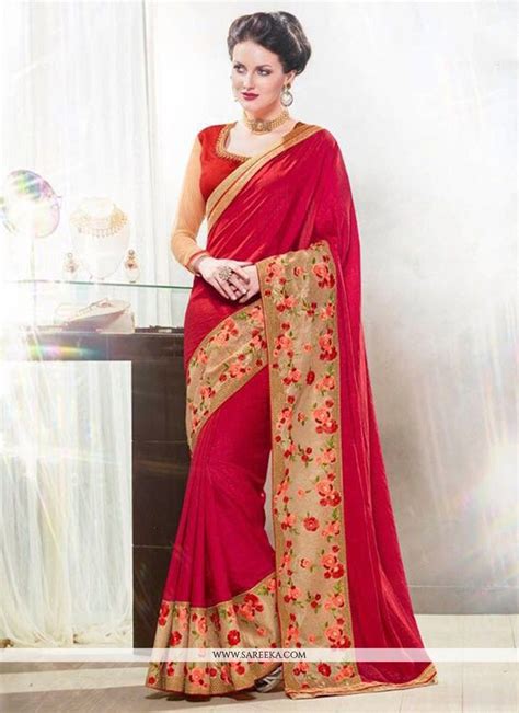 Faux Georgette Red Designer Saree Saree Designs Fancy Sarees Crepe