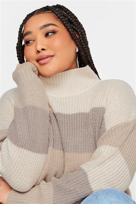 YOURS Plus Size Beige Brown Stripe High Neck Knitted Jumper Yours