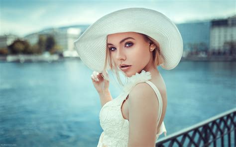 Women Blonde Face Portrait Women Outdoors Blue Eyes White Clothing Hat