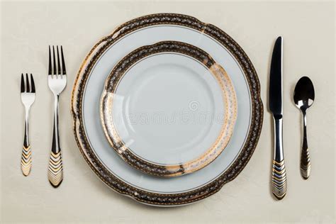 Table Setting With Plate Forks Knife And Spoon Stock Image Image Of