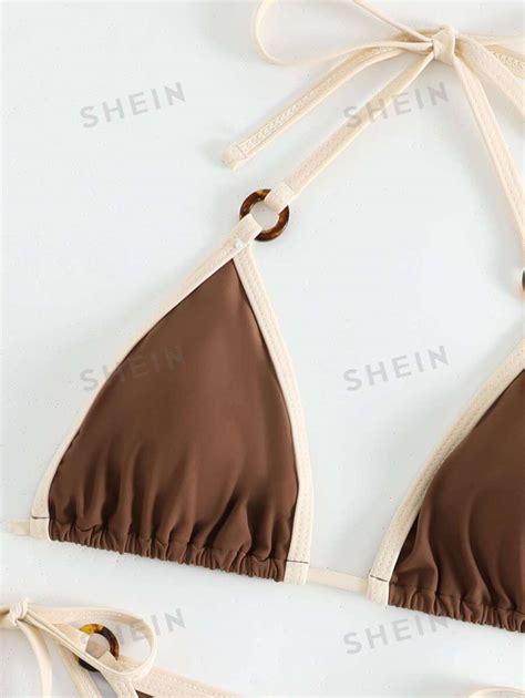 Shein Swim Contrast Binding Halter Triangle Tie Side Bikini Swimsuit