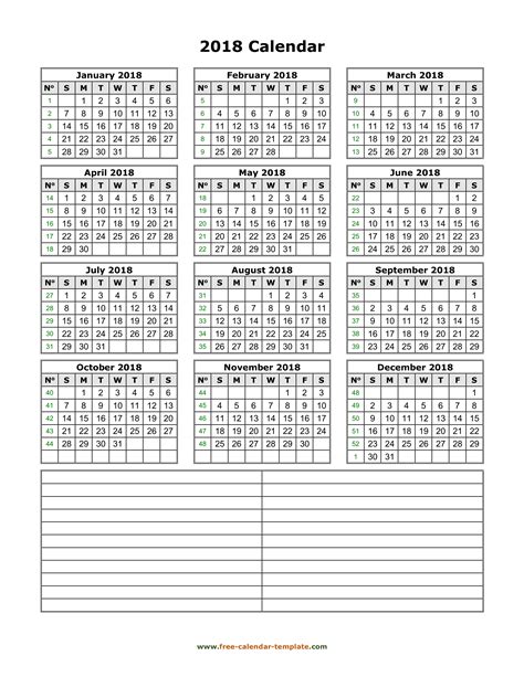 Yearly 2018 Printable Calendar With Space For Notes Free Calendar