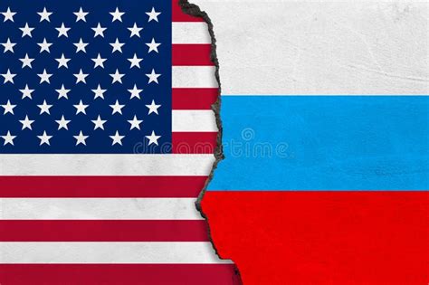 Flags Of USA And Russia Painted On Cracked Wall Stock Illustration