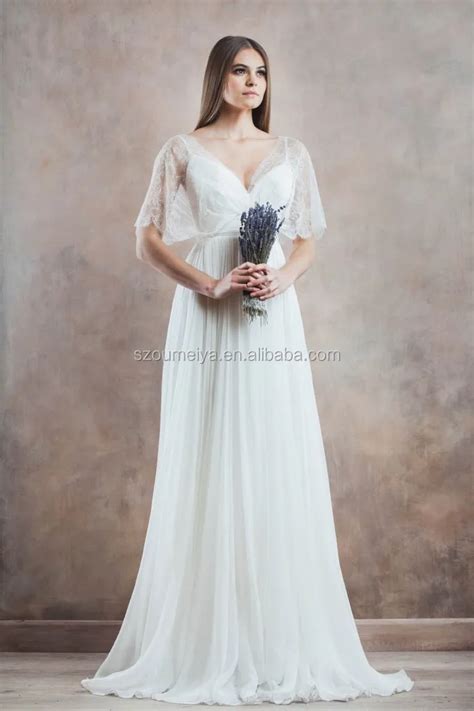 Oumeiya Onw756 V Neck Lace Batwing Sleeve Flowing Chiffon Beach Wedding