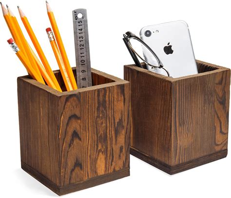 Amazon MyGift Set Of 2 Natural Grain Wood Desktop Pen Holder