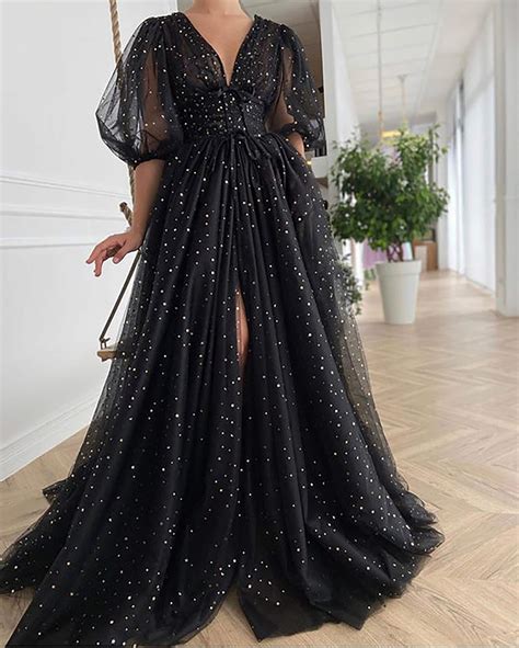 Black Starry Tulle Prom Dress Sparkly V Neck Half Puff Etsy Uk