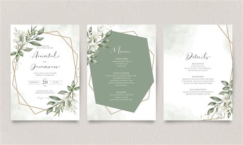 Conjunto De Invitaci N De Boda Con Flores Y Hojas Verdes Vector Premium