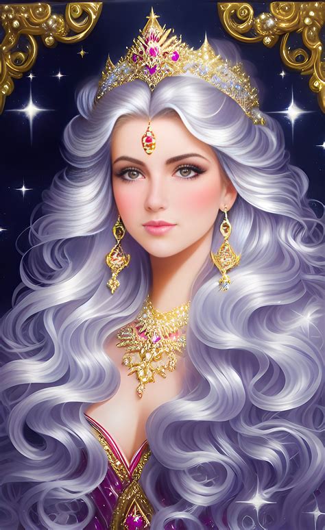 A Painting Of A Woman With Long White Hair Wearing A Tiara And Gold Jewelry